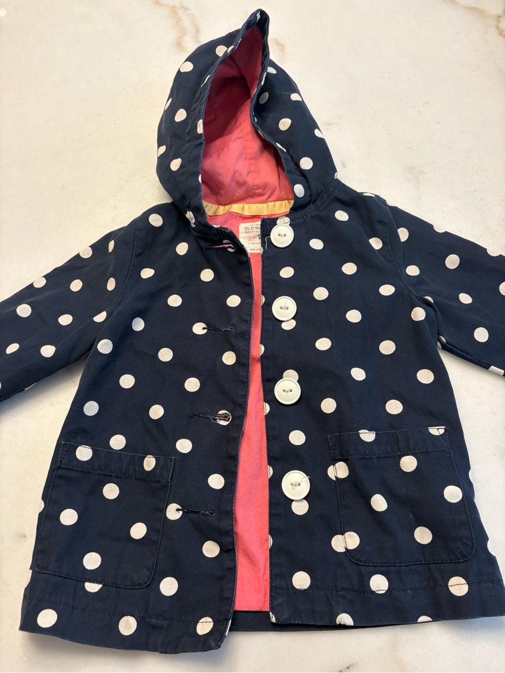 Old Navy Navy Polka Dot Hooded Raincoat with Pink Lining